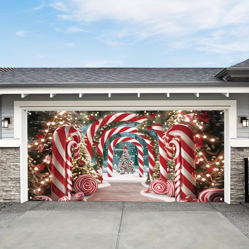 Christmas Garage Door Banner Decoration, Candy Cane and Christmas Tree Design, 100% Polyester 100D Fabric, Large Size 71