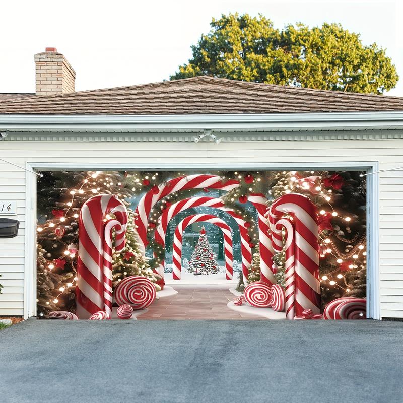 Christmas Garage Door Banner Decoration, Candy Cane and Christmas Tree Design, 100% Polyester 100D Fabric, Large Size 71