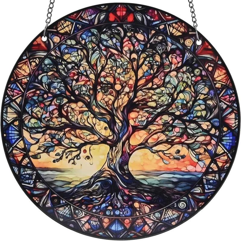 Tree Pattern Hanging Decor, 1 Count Round Stained Glass Hanging Ornament, Wall Art Decor for Home Living Room Bedroom Study Room