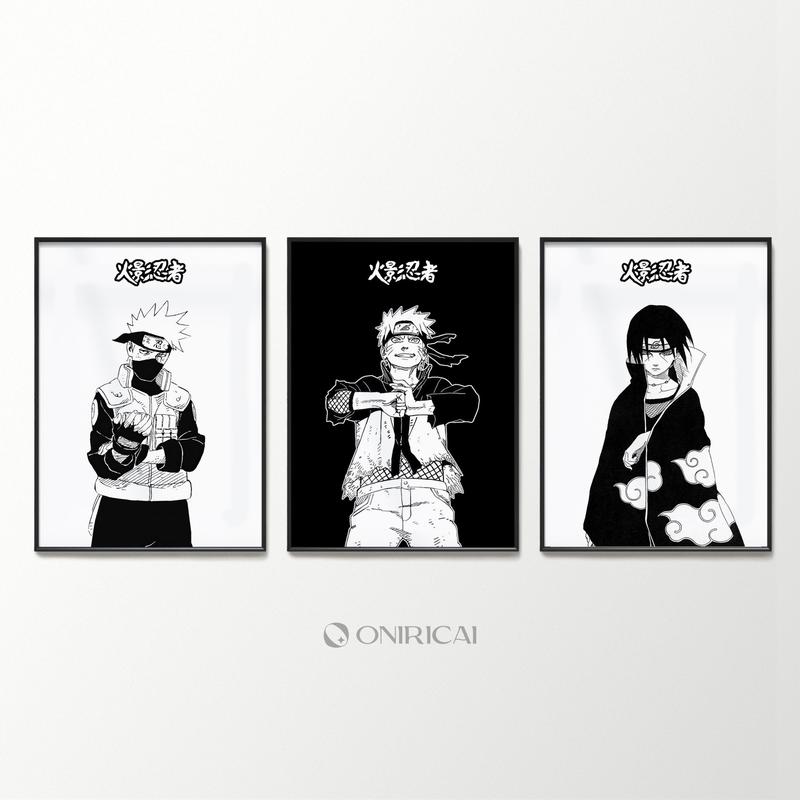 Naruto Posters 3 Piece Set Manga Art Anime Wall Print Minimalist Painting set of 3 Gallery colorful Art Naruto, Itachi, Kakashi Hatake, No Frame