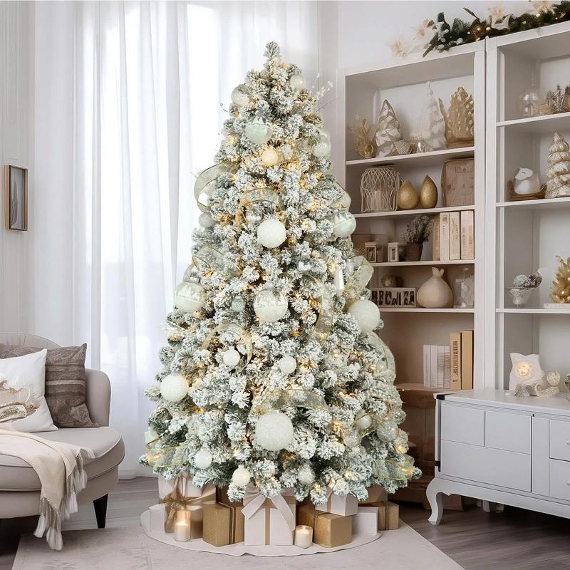 7.5ft Prelit Snow Flocked Artificial Holiday Christmas Tree w  Remote (), 470 Pre-Lit Multi-Color RGB Lights, Full Snow Branch Tips for Xmas Holiday Decoration