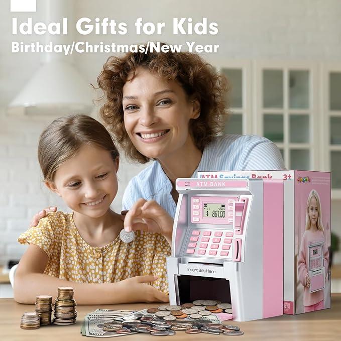 Pink Piggy Bank for Kids, ATM Machine Bank for Real Money with Debit Card, Bill Feeder, Coin Recognition, Balance Calculator, Electronic Savings Safe Box, Gifts for Teen Boy Girl