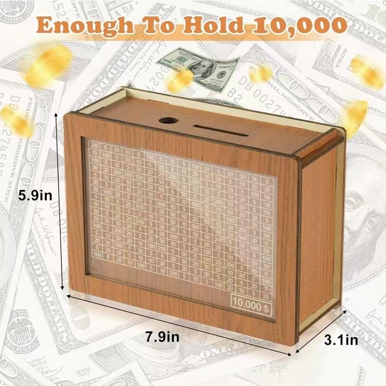 Cash Vault Wooden Savings Box for Real Money – 10000 Dollar. Perfect for 10k Savings Challenge.10000 Savings Challenge Box, Wooden Savings Box 10,000 Dollar, Wooden Money Box for Cash 10000.