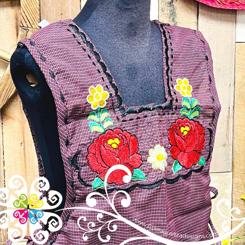 Maroon with Roses Escapulario Embroider Apron - Mandil Artesanal