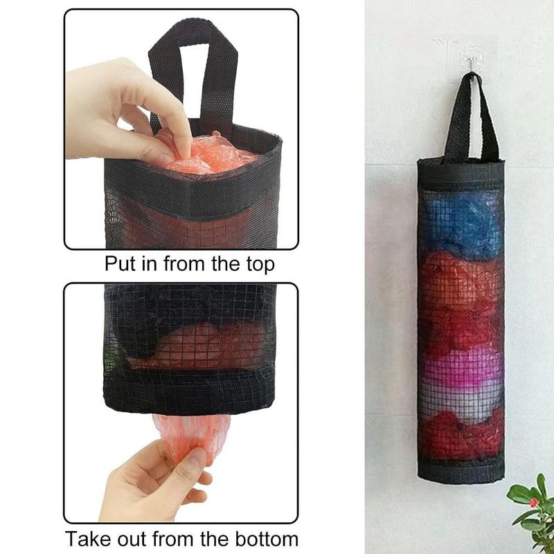 Trash Bag Holder Set, 4pcs set Including 2 Storage Bags & 2 Wall Hooks, Mesh Hanging Storage Dispenser Set