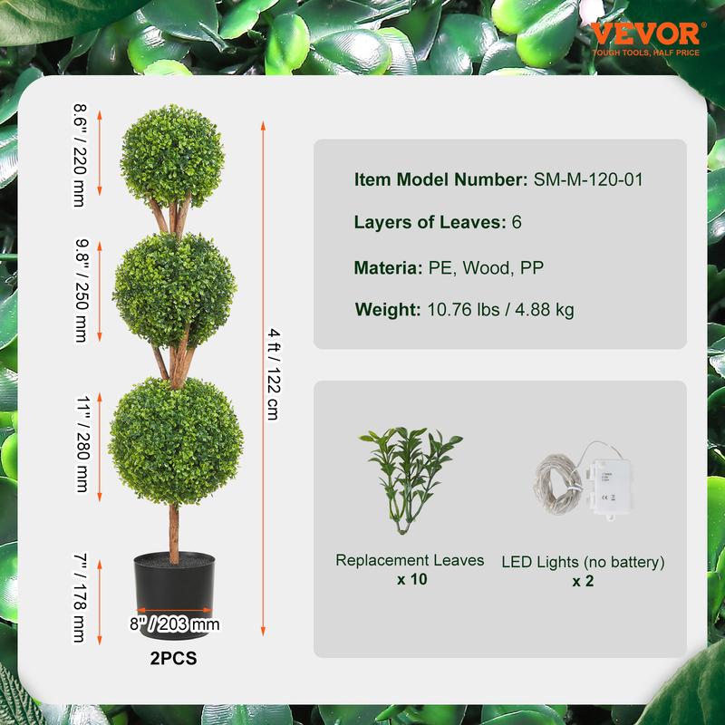 VEVOR Artificial Topiaries Boxwood Trees, 48 inch Tall (2 Pieces), 3 Ball-Shape Faux Topiaries Plant with Planters, Green Feaux Plant w  Replaceable Leaves & Port for Decorative Indoor Outdoor Garden Fruit Traditional