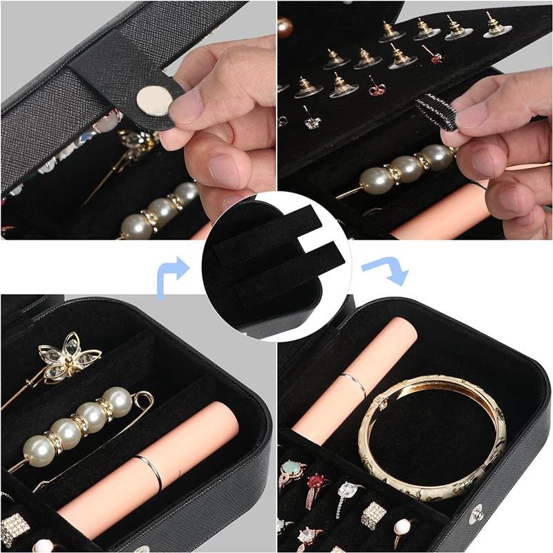 Travel Jewelry Box,Small Jewelry Organizer Boxes for Women Girls,2 Layer Travel Jewlery Case,PU Leather Mini Portable Jewerly Storage Display Holder for Earrings,Ring,Necklaces,Bracelets - Black