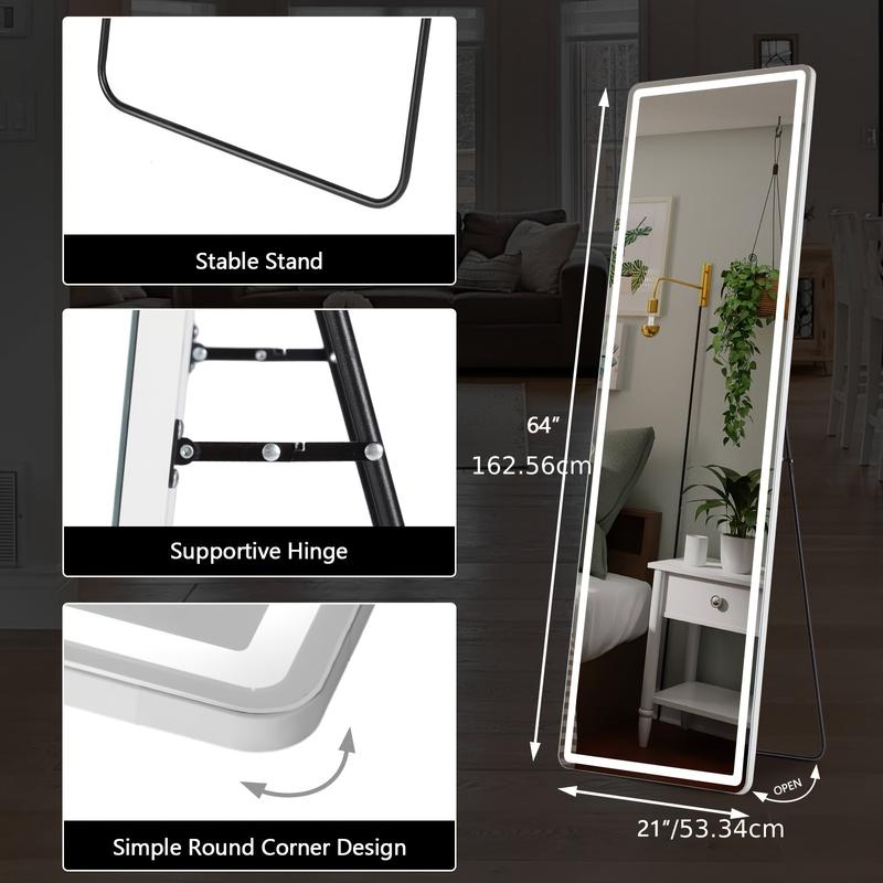 Full-length Mirror, Aluminum Frame - LED Lighted Full-length Mirror - Arched Dressing Mirror - Full-length Dressing Mirror - For Bedroom Or Living Room Use, Available In Black gold white