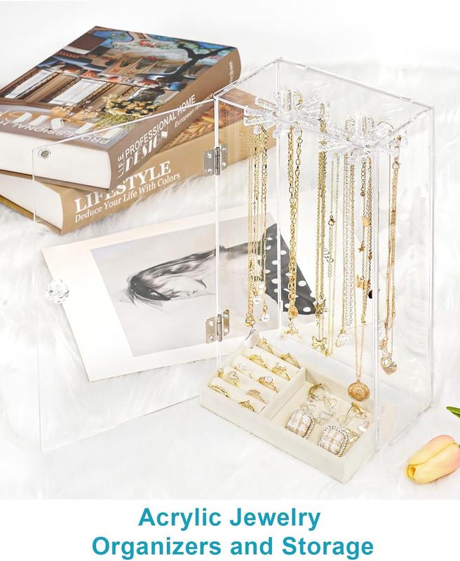 Necklace Holder,  Necklace Organizer, Rotatable Clear  Holder Organizer Display Case for Long Necklaces Pendant Bracelets,  Holder Box with  Tray for Rings Earrings