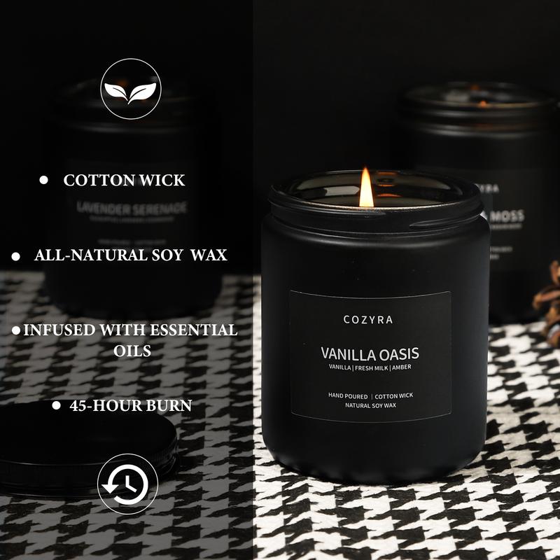 Scented Candles Men Vanilla Candle for Home Soy Candles Gifts for Men Clean Burning Long Lasting Candles Scents of Leather Oak Lavender Smoke & Vanilla 7.6oz-Black Jar home spray Decor Freshener