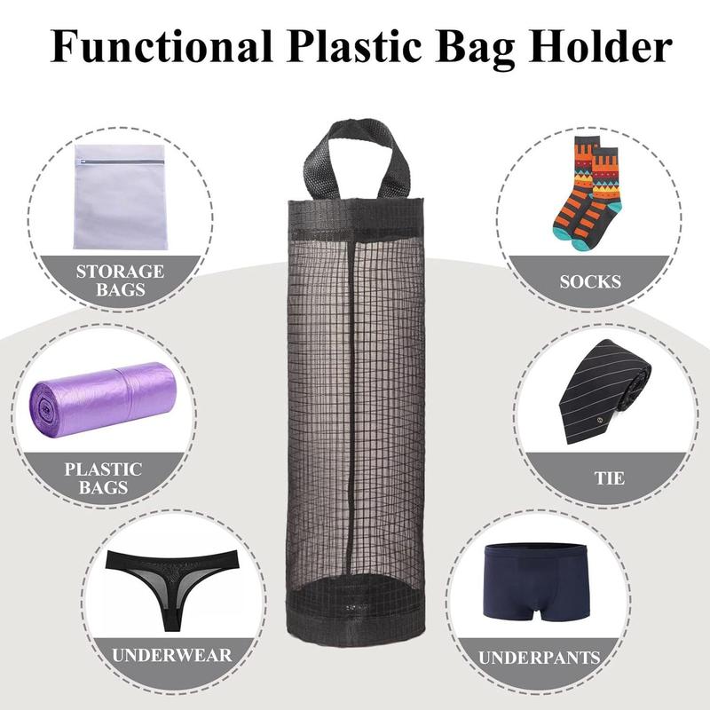 Trash Bag Holder Set, 4pcs set Including 2 Storage Bags & 2 Wall Hooks, Mesh Hanging Storage Dispenser Set