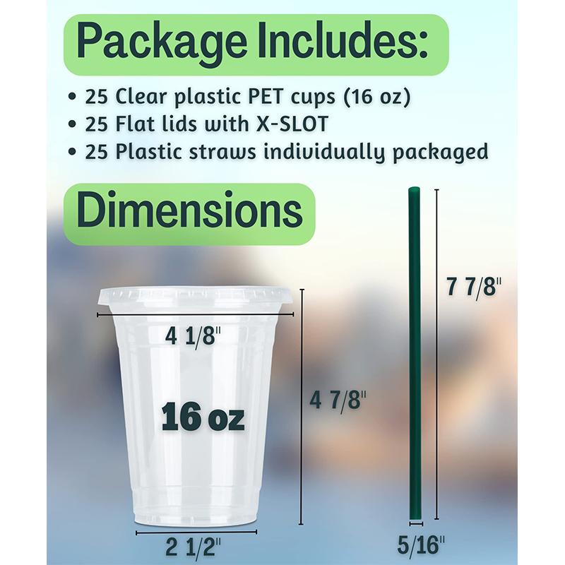 25 Sets of 16 oz Clear Plastic Cups with Lids and Straws, Disposable Drinking Cups for Cold Drinks, Iced Coffee, Milkshakes, Smoothies.