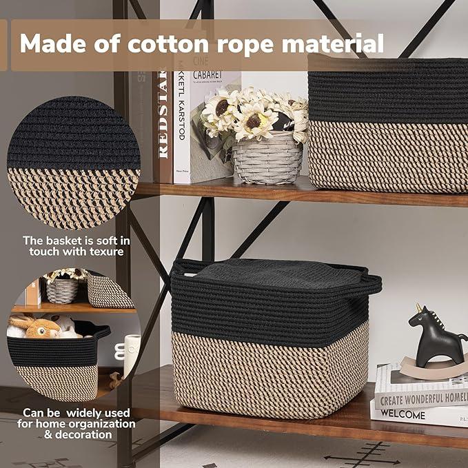 Goodpick Black Woven Rope Basket Set of 3, Shelf Storage Baskets for Books, Towels, clothes, Rectangle Decorative Basket for Living Room, Bedroom