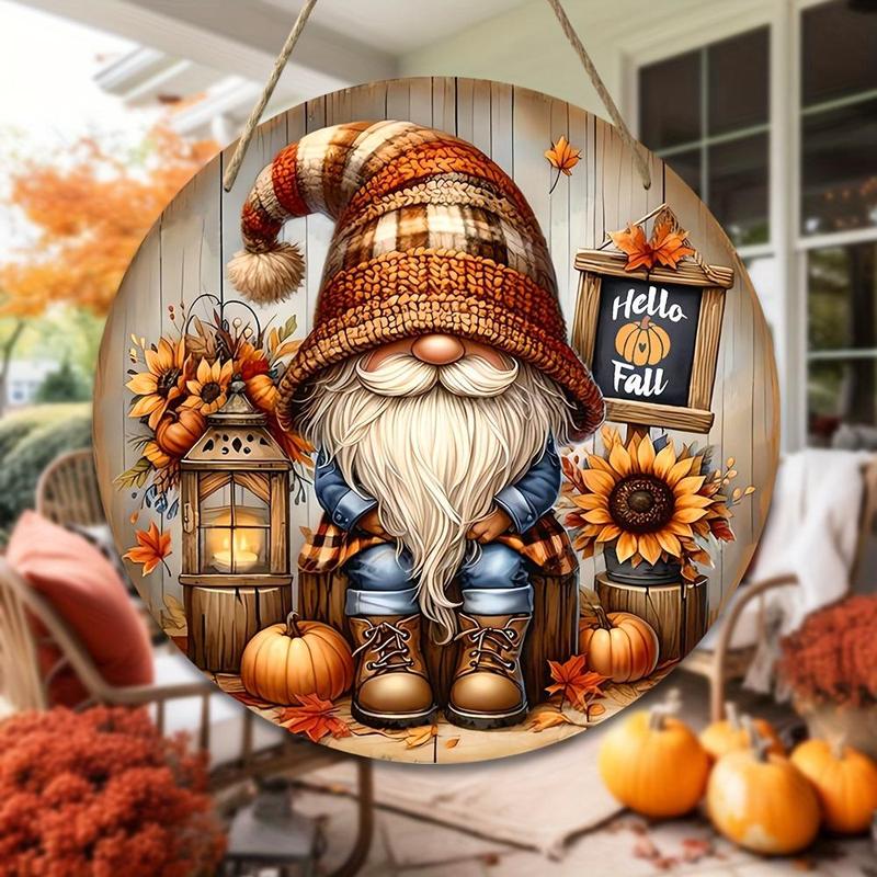 Gnome Pattern Wooden Hanging Sign, 1 Count Thanksgiving Day Fall Sunflower Pumpkin Pattern Door Sign, Wall Decor, Porch Door Hanging Decor