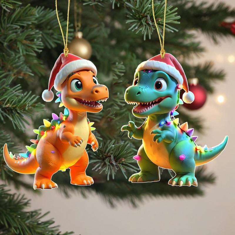 Christmas Dinosaur Design Hanging Ornament, 2 Counts set Glitter Dinosaur Design Hanging Decor, Creative Hanging Decor for Home Party Festival