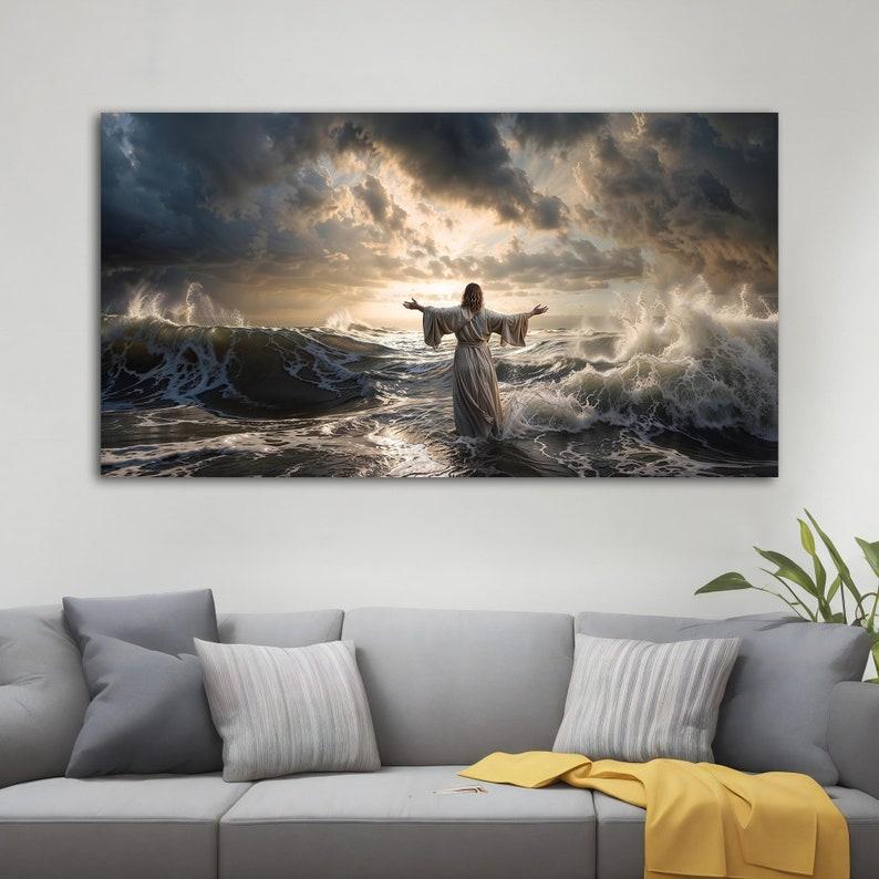 Jesus Walking on Water Canvas Painting, Inspirational Wall Decor, Extra Large Decor, Ready to Hang Christian Art, Ideal Religious Gift UX1UZ