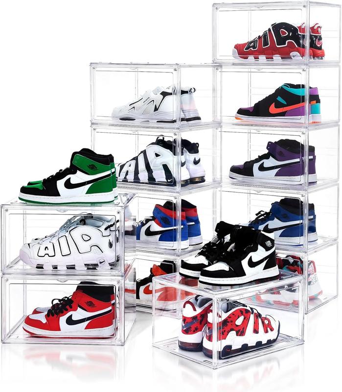 10 Pack Acrylic Shoe Display Boxes with Lids - Dustproof Transparent Case Containers Organizer for Sneakers, Heels, Up to Size 14  Plastic shoe box