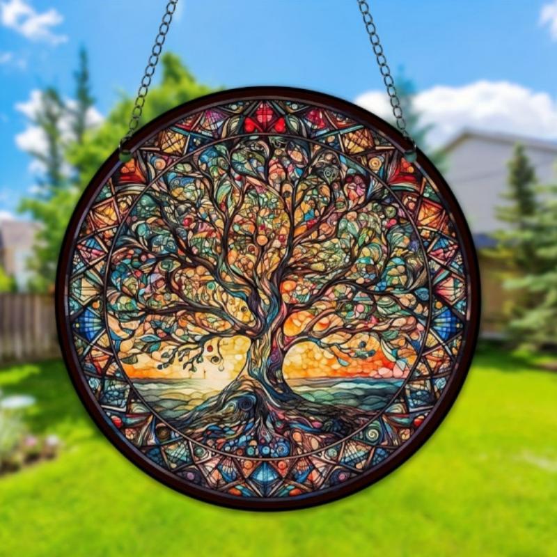 Tree Pattern Hanging Decor, 1 Count Round Stained Glass Hanging Ornament, Wall Art Decor for Home Living Room Bedroom Study Room