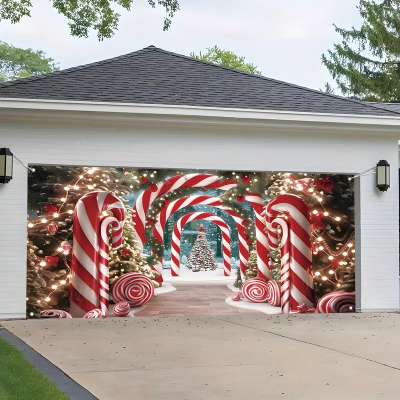 Christmas Garage Door Banner Decoration, Candy Cane and Christmas Tree Design, 100% Polyester 100D Fabric, Large Size 71