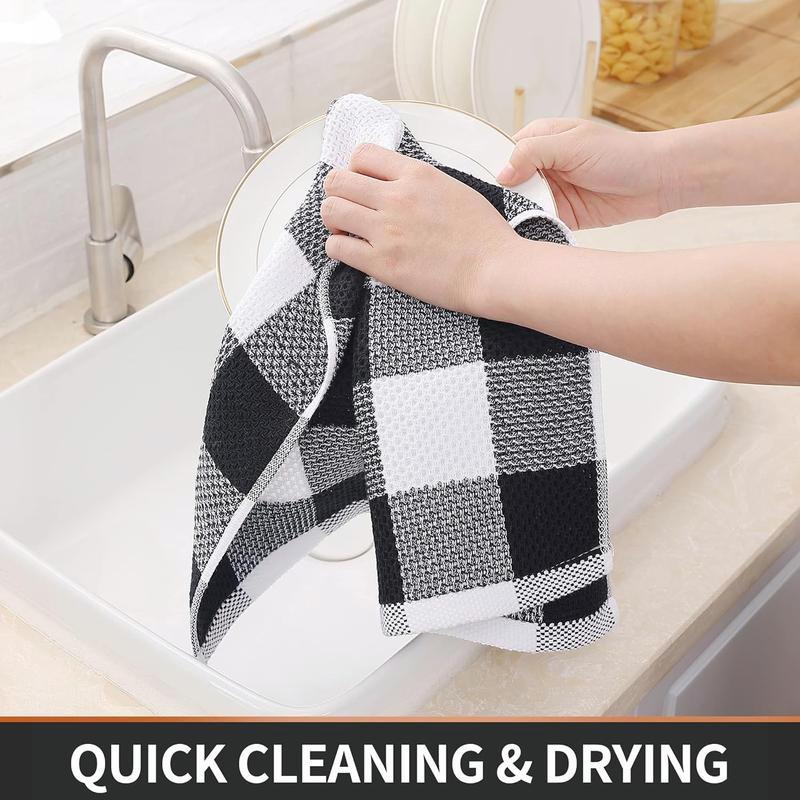 Cotton Waffle Weave Check Plaid Towels - 4-Pack, 13 x 28 Inches. Super Soft, Absorbent for Drying Dishes. White & Black Cleaning Towels.