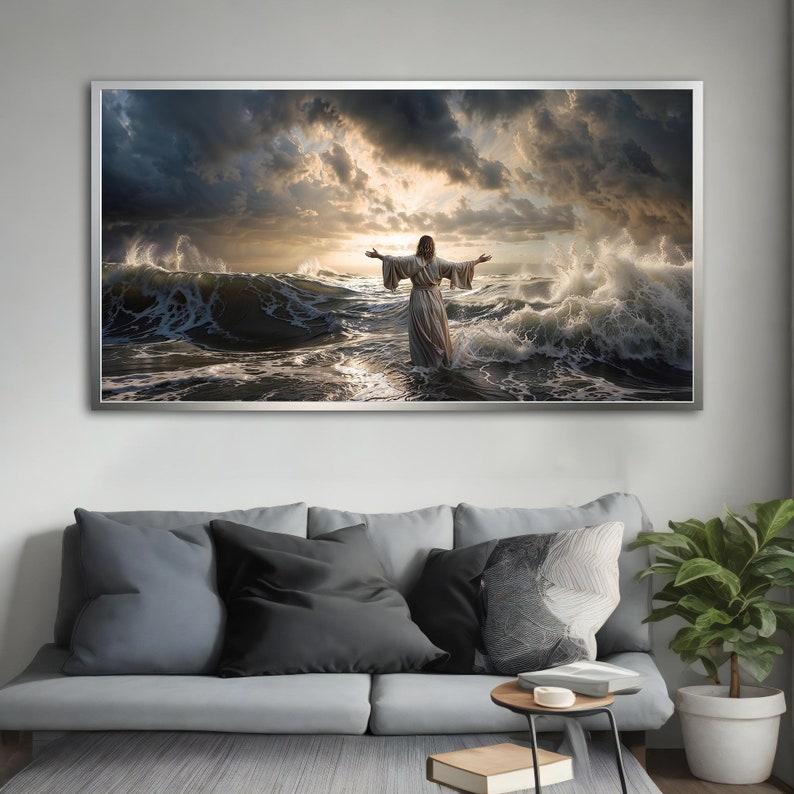 Jesus Walking on Water Canvas Painting, Inspirational Wall Decor, Extra Large Decor, Ready to Hang Christian Art, Ideal Religious Gift UX1UZ