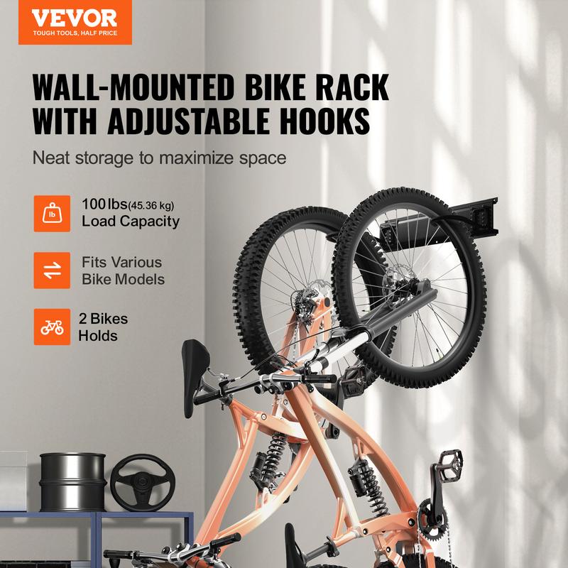 VEVOR Bike Storage Rack, 2 Bike Racks, Wall Mount Bike Storage Hanger, Home and Garage Organizer, Customizable for Various Bike Sizes, Adjustable Holder for Space Saving, Holds Up to 100 lbs, 17-inch Hook Steel