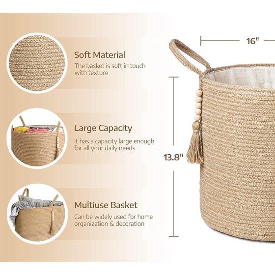 Mkono Woven Storage Basket for Blankets, Toys, Clothes, and More with Decorative Rope and Wooden Beads