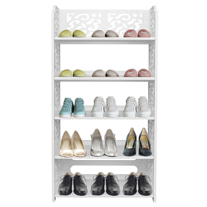 FCH 5-Tier White Hollow Carved Shoe Rack, Wood-Plastic Board Shoe Storage Organizer Cabinet, Space-Saving Boots Display Holder, Narrow Entryway and Outdoor Shoe Rack Tower