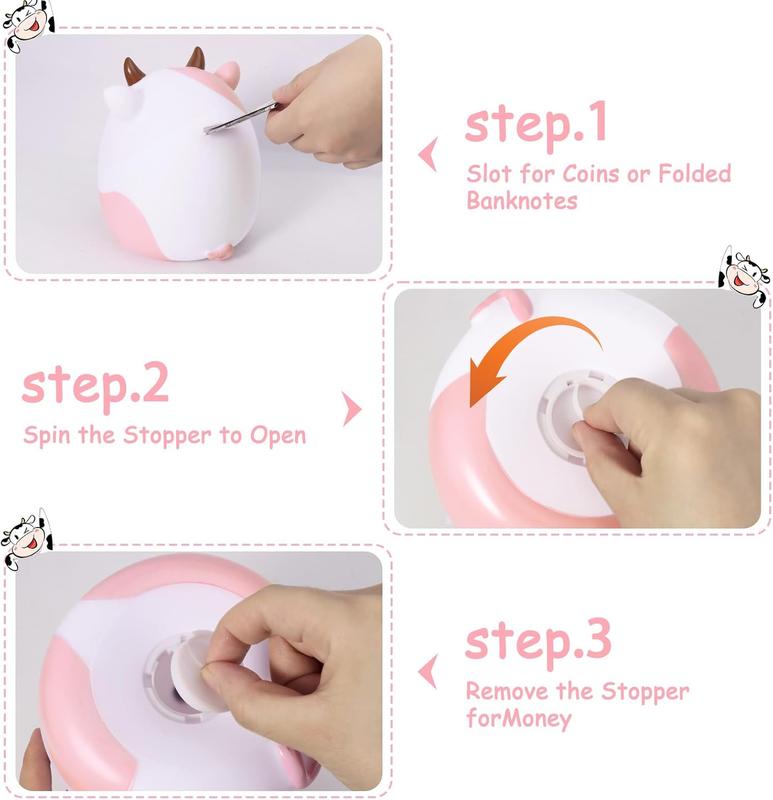 Cow Piggy  for , Pink Piggy Banks Girls Unbreakable Plastic    Safe Money  with DIY Stickers for Boys Girls Gift (Pink)