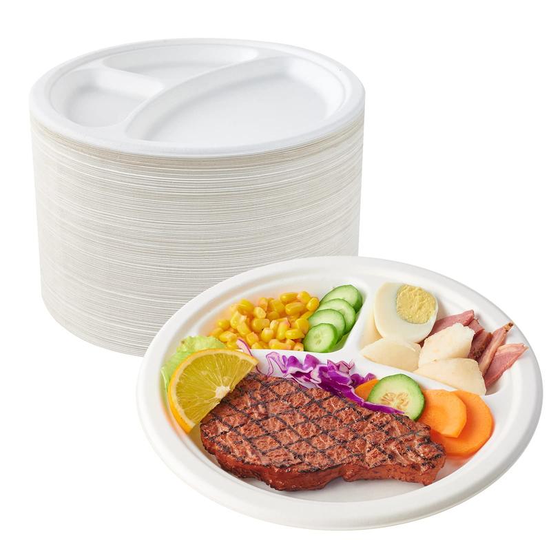 ECOLipak 150 Pack Compostable 3 Compartment Plates, 10 inch Heavy-Duty Disposable Biodegradable Paper Plates, Eco-Friendly Sugarcane Bagasse Plates for Party Dinner and Christmas.