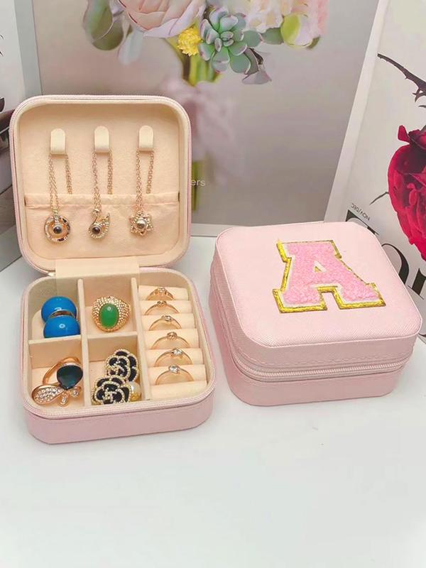 Plush Letter Embroidering Design Jewelry Storage Box,  Portable Waterproof Jewelry Organizer for Women, Jewelry Display Stand for Travel & Daily Use, Gift for Her Girlfriend