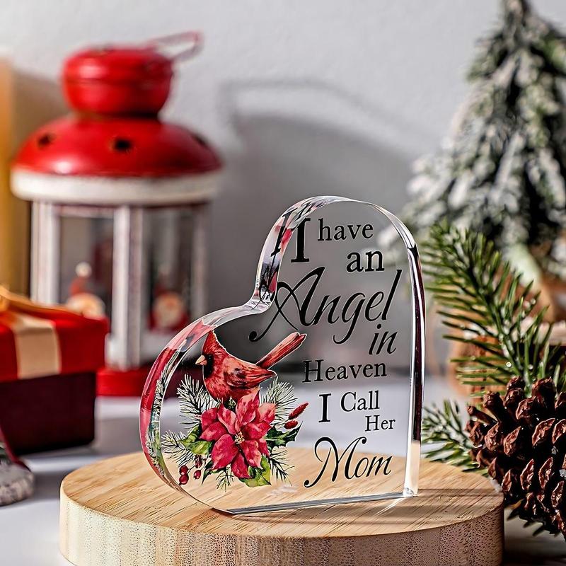 Heart Shaped Acrylic Ornament, Cardinal & Floral Pattern Decorative Plaque, Sympathy Gift, Memorial Gift for Lost Mom