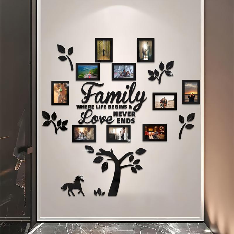 A Set of 3D Acrylic Photo Frame Wall Decorations-Self-Adhesive DIY Photo Collage Gallery with Wall Chart Template, Suitable for Family Tree, Wedding, New Year, Christmas, Anniversary-Chinese Text 