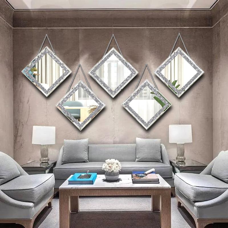 2 Piece Wall Mirrors, Crush Diamond Mirrors Decor, Silver Decorative for Living Room Bedroom, Bathroom. (12”x12”) Hanging Set Crystal Circle