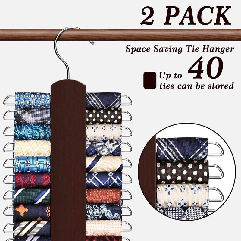 2 Pack Tie Rack for Closet,Wooden Necktie Organizer Storage Tie Belt Hanger,360 Degree Swivel Space Saving Ties Holder for Men Hanging 40 Ties,Scarves