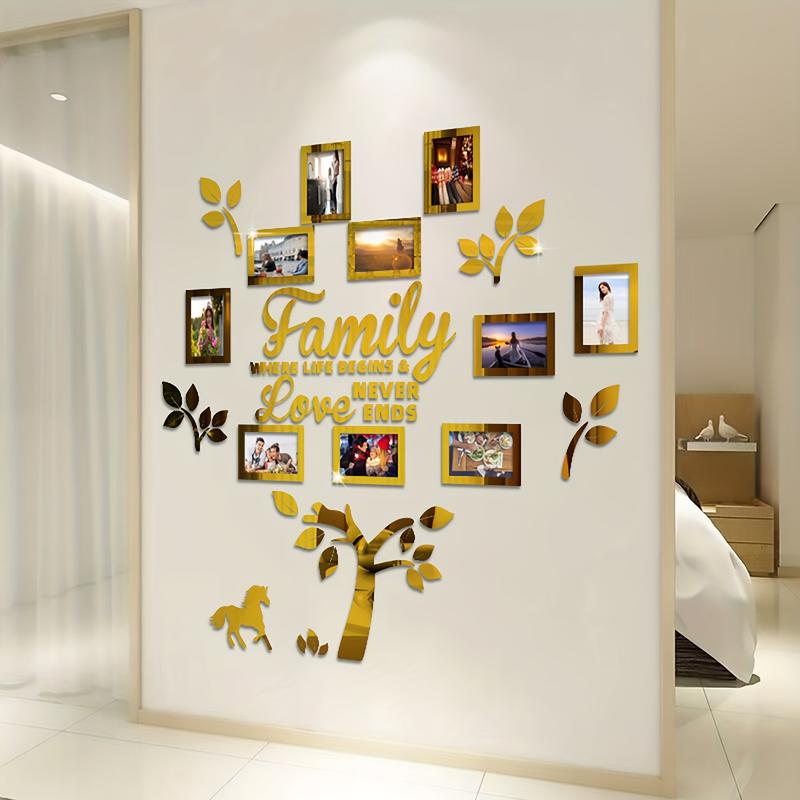 A Set of 3D Acrylic Photo Frame Wall Decorations-Self-Adhesive DIY Photo Collage Gallery with Wall Chart Template, Suitable for Family Tree, Wedding, New Year, Christmas, Anniversary-Chinese Text 