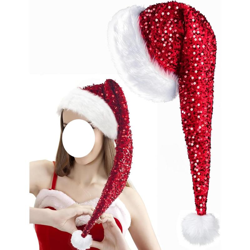 Long Santa Hat Christmas Hat Sequin Plush Xmas Hats for Christmas New Year Festive Party Supplies