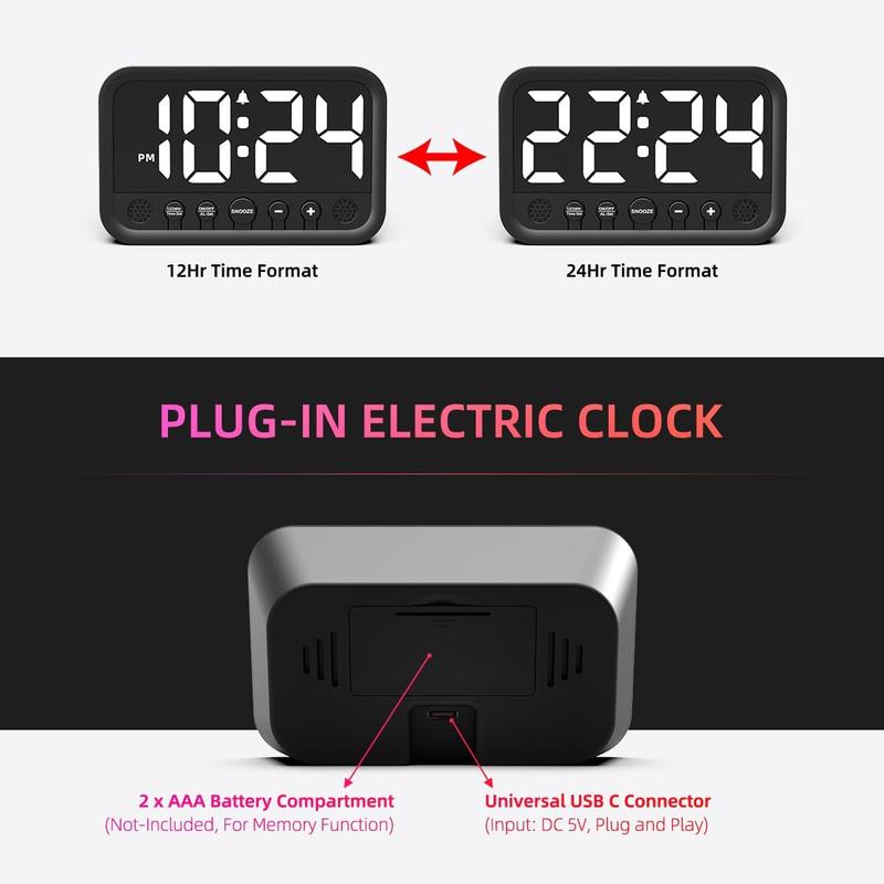 Small LED Digital Clock for Bedroom, Loud Alarm Clock for Heavy Sleepers Adults, Teens | Plug-In Electric Desk Clock | Simple Bedside Nightstand Clock with Adjustable Volume Brightness Snooze  White