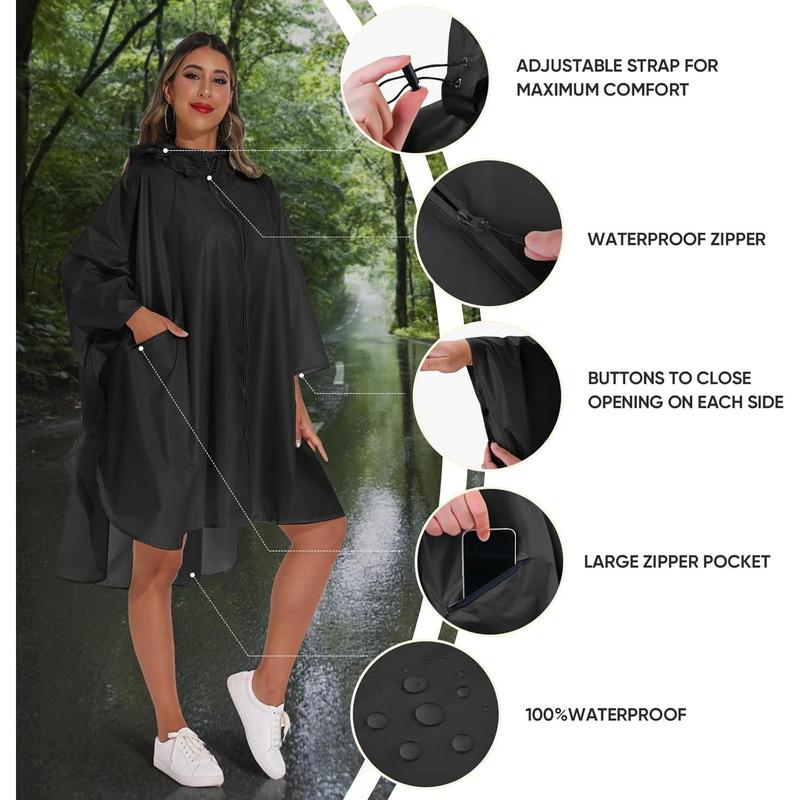 Hooded Rain Poncho for Adult with Pocket and Zipper, Waterproof Lightweight Raincoat for Men and Women