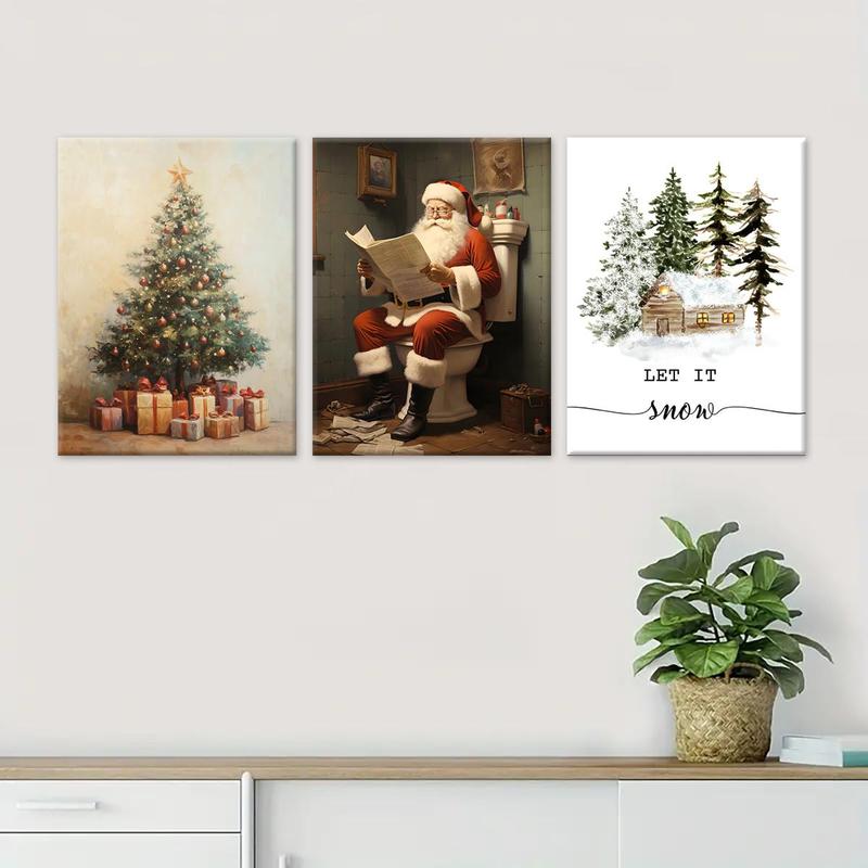 Wooden Framed Canvas Painting, 3 Counts set Vintage Christmas Tree & Santa Claus Pattern Wall Art, Wall Decor for Home Living Room Bedroom Office Room Decor, Christmas 2024 Ornament, Christmas Gift Ideas, Stocking Stuffers