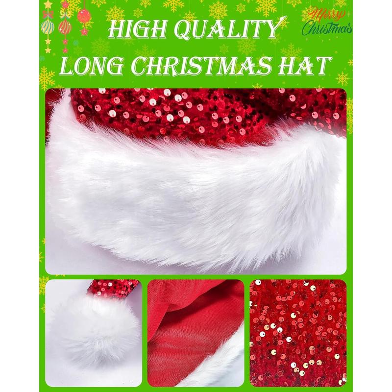 Long Santa Hat Christmas Hat Sequin Plush Xmas Hats for Christmas New Year Festive Party Supplies