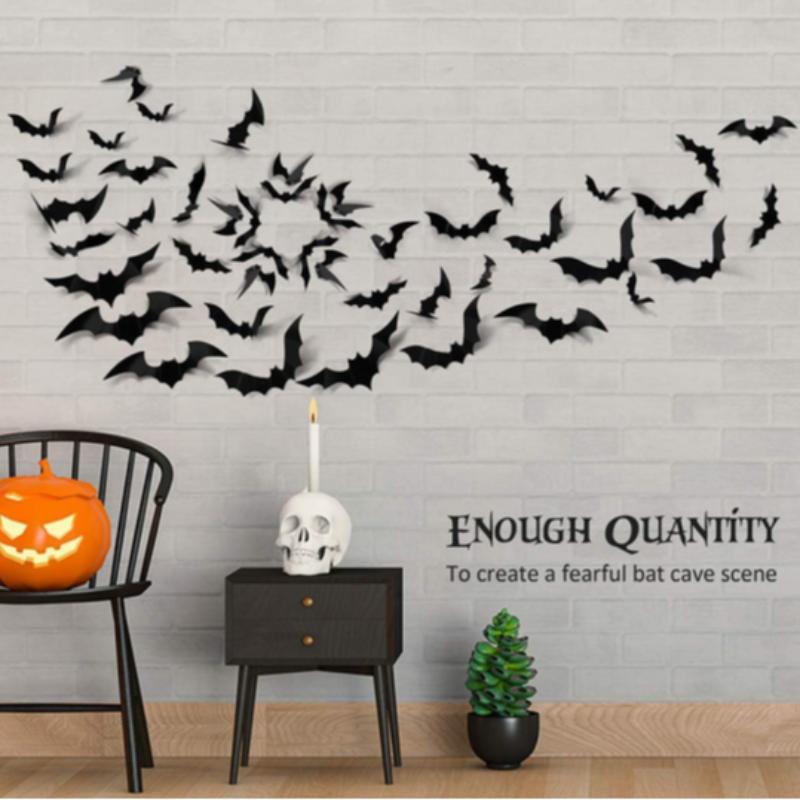 Room Decor Bat Shaped Wall Sticker, 60pcs set 3d Bat Wall Decal, Halloween Wall Art Decoration for Home Living Room Bedroom Hotel School, Halloween Decoration, Halloween Accessories  Tiles Sticker