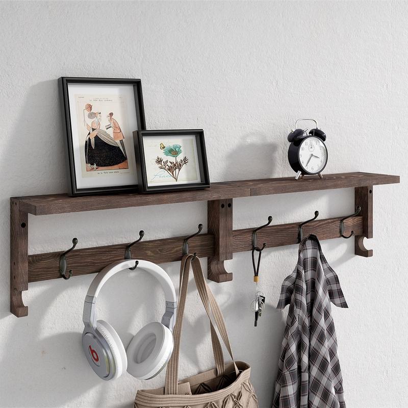 Coat Hooks, Wood Rack Wall-Mounted, 31.5 Inch Entryway Shelf with 10 Hooks (Brown) Decor Hanging Frames Wooden Organiser Shelves Kitchen