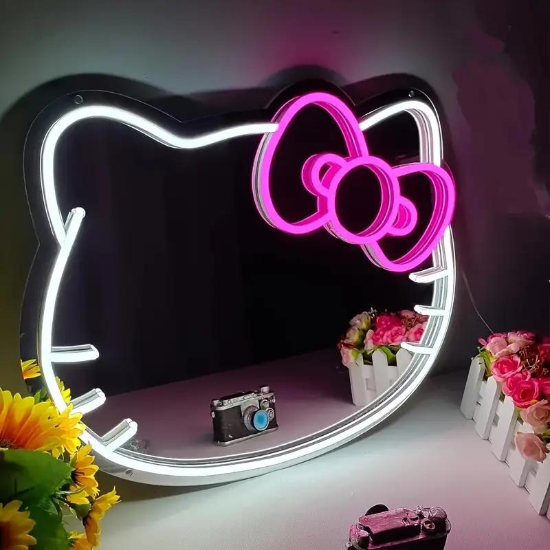 Kitty FACE  LED Makeup Mirror with Adjustable Brightness - Wall-Mounted Cartoon Neon Light for Girls' Bedroom Decor & Gifts