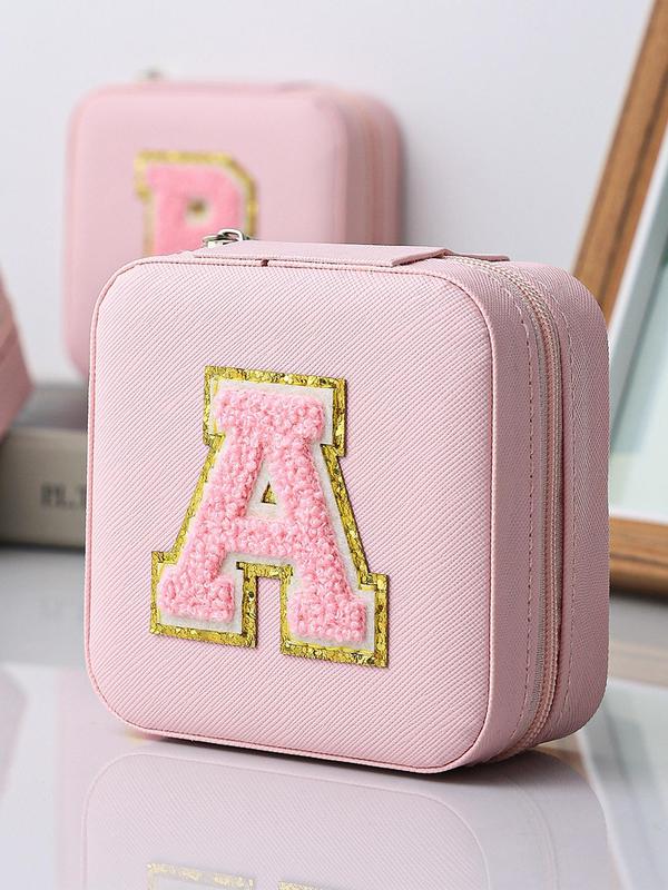 Plush Letter Embroidering Design Jewelry Storage Box,  Portable Waterproof Jewelry Organizer for Women, Jewelry Display Stand for Travel & Daily Use, Gift for Her Girlfriend