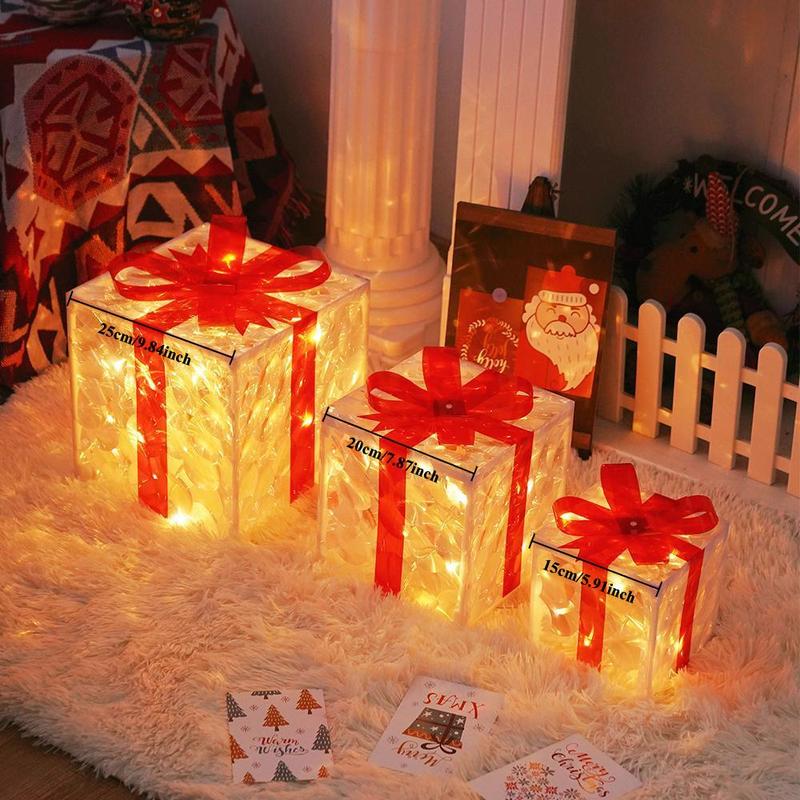 Christmas Decoration Illuminated Gift Box with Bow, 1 3 Counts Battery Powered LED Christmas Decoration Excluded Battery, 100 LED Lights Gift Boxes, LED Decoration for Christmas Lighting Decorations Supplies