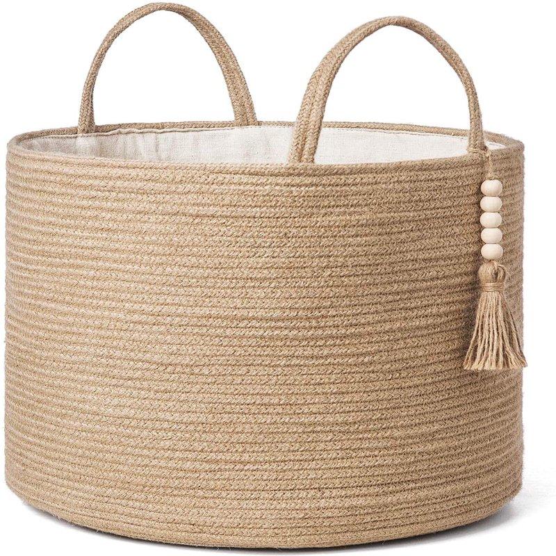 Mkono Woven Storage Basket for Blankets, Toys, Clothes, and More with Decorative Rope and Wooden Beads