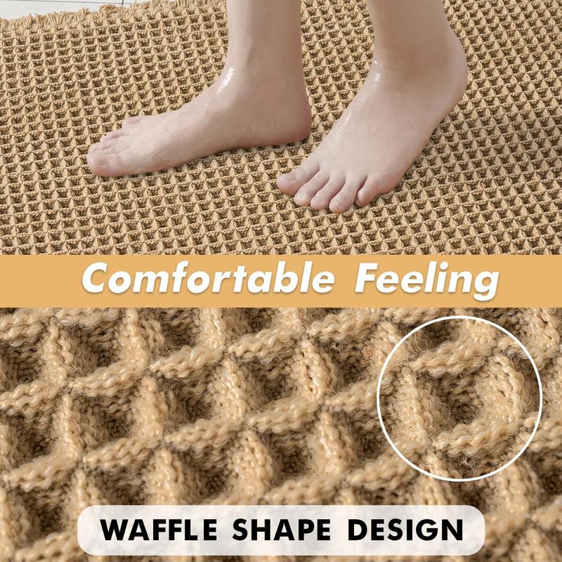 Set of 2 Waffle Bathroom Rugs, Boho Bath Rugs Non Slip Washable, Absorbent Bath Mats, Ultra Soft Rubber Backed Shower Mats for Bathroom Floor, Tub and Shower, Brown, 18x30 Inch