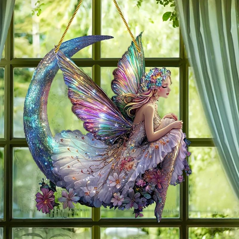 Moon & Butterfly Fairy Design Sun Catcher, 1 Count Double Sided Acrylic Hanging Ornament, Hanging Decor for Home Living Room Bedroom Outdoor Space