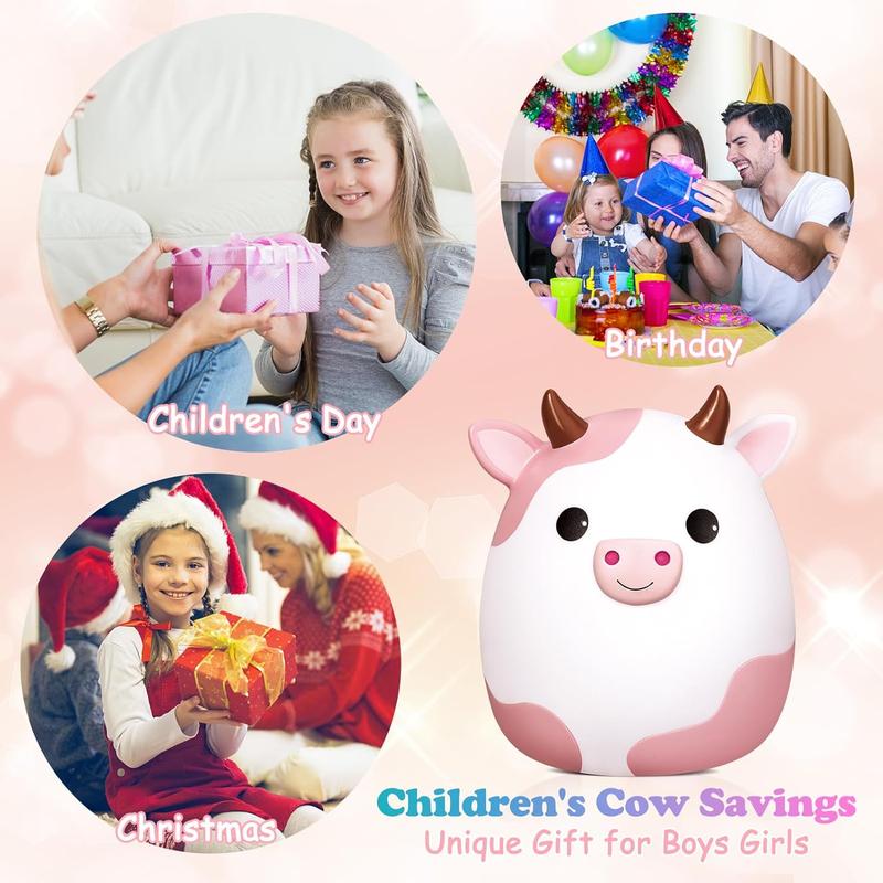 Cow Piggy  for , Pink Piggy Banks Girls Unbreakable Plastic    Safe Money  with DIY Stickers for Boys Girls Gift (Pink)